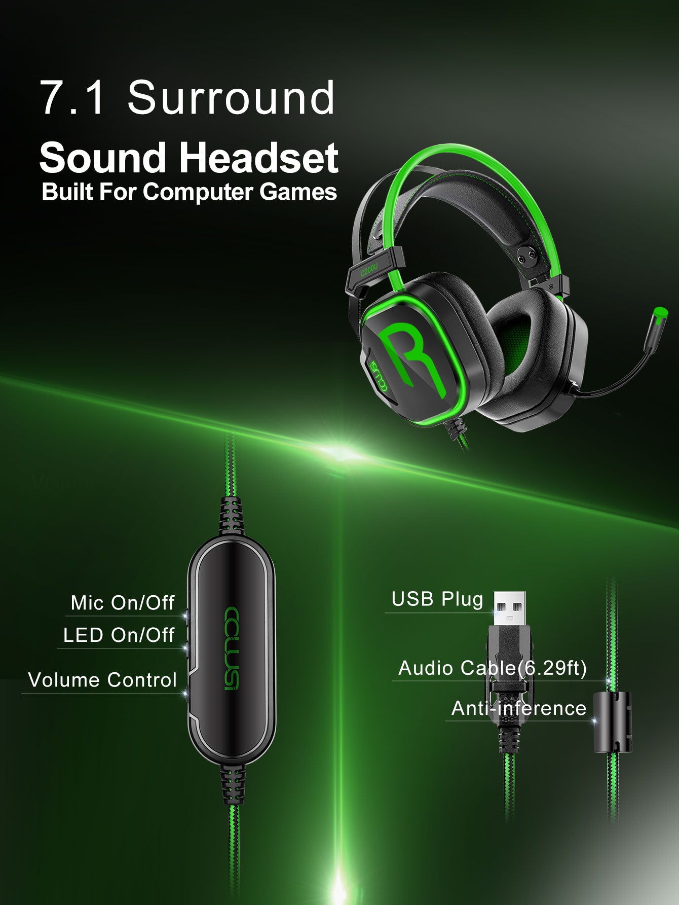 CLS200U Green Gaming Headset – USB, 7.1 Surround Sound, Noise-Canceling Mic, 50mm Driver