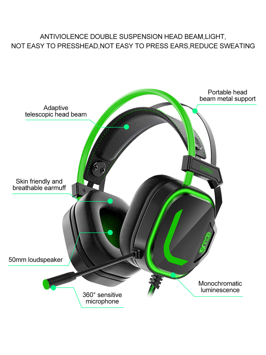 CLS200U Green Gaming Headset – USB, 7.1 Surround Sound, Noise-Canceling Mic, 50mm Driver