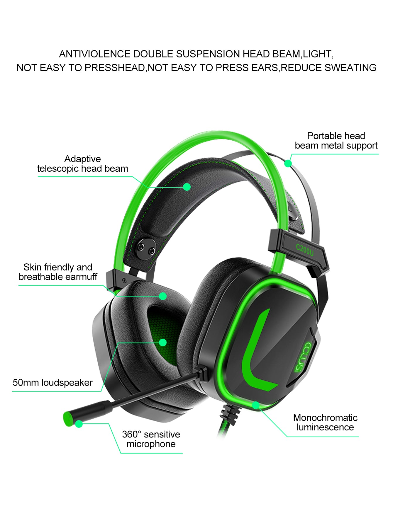 CLS200U Green Gaming Headset – USB, 7.1 Surround Sound, Noise-Canceling Mic, 50mm Driver