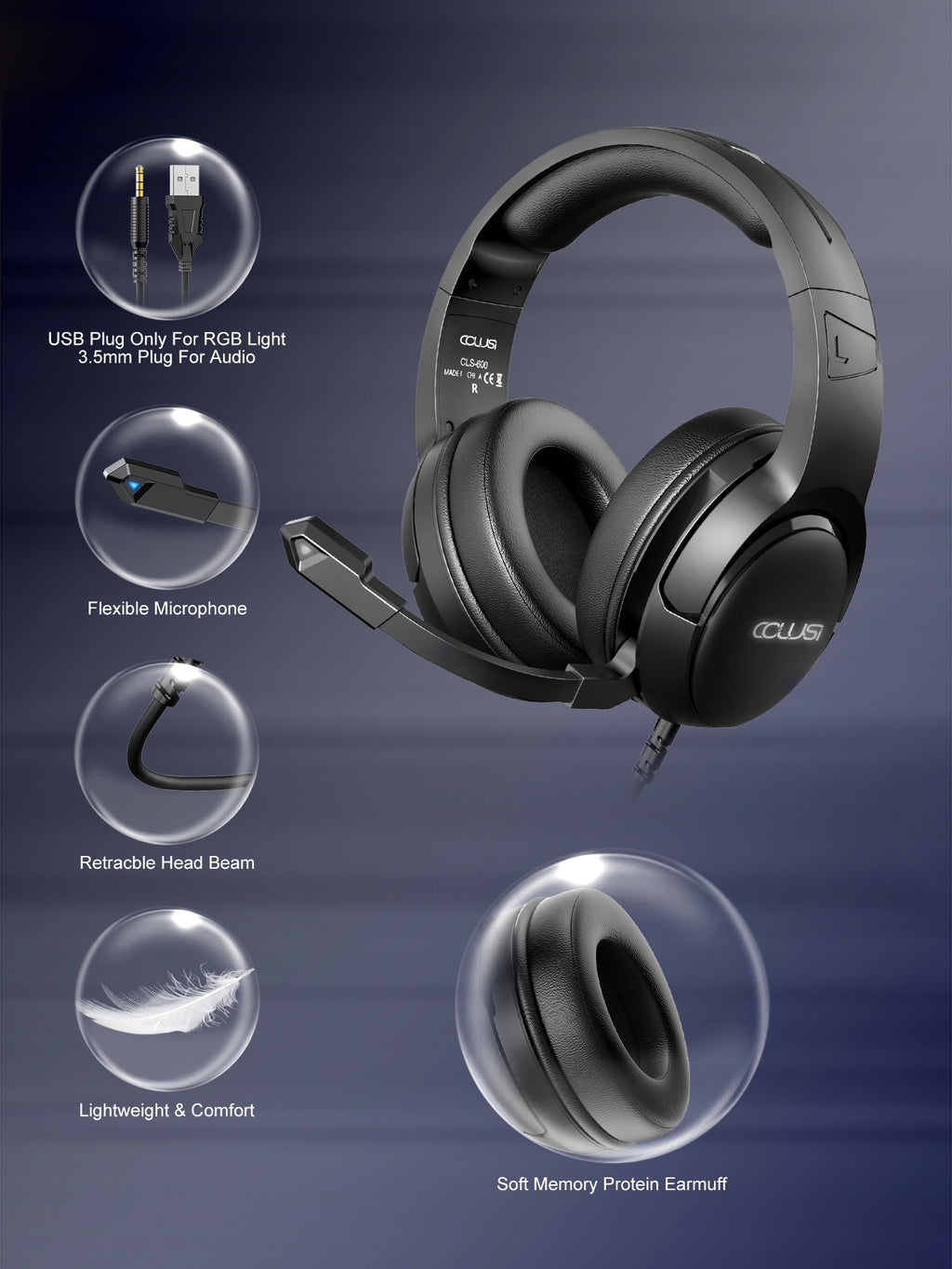 CLS600 Black Wired Gaming Headset | 50mm Drivers, RGB Green LED, Noise-Canceling Mic