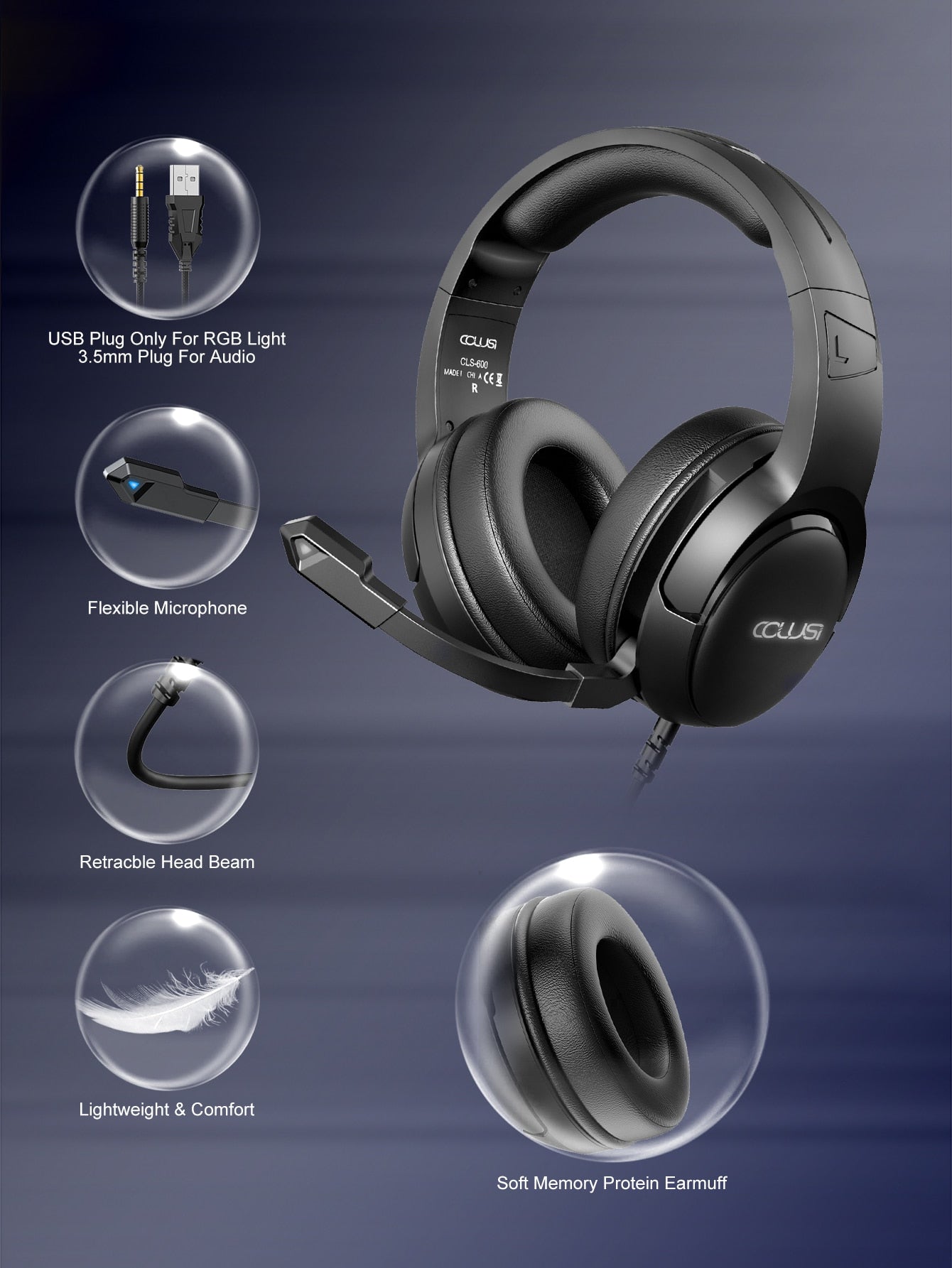 CLS600 Black Wired Gaming Headset | 50mm Drivers, RGB Green LED, Noise-Canceling Mic