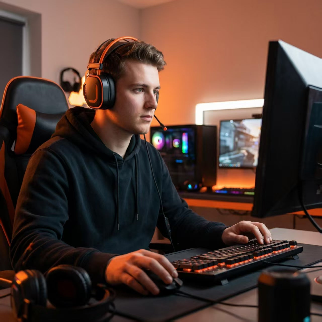 CLS200 Orange Wired Gaming Headset – 50mm Driver, Noise-Canceling Mic, Green LED Lighting