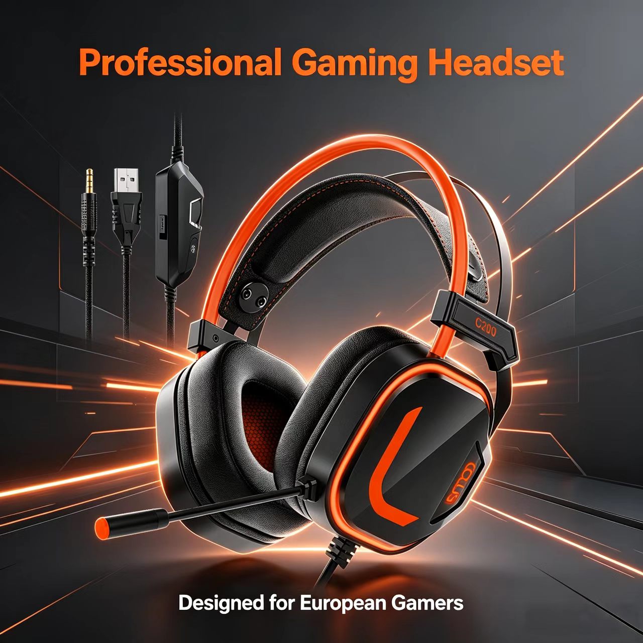 CLS200 Orange Wired Gaming Headset – 50mm Driver, Noise-Canceling Mic, Green LED Lighting