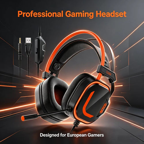 CLS200 Orange Wired Gaming Headset – 50mm Driver, Noise-Canceling Mic, Green LED Lighting