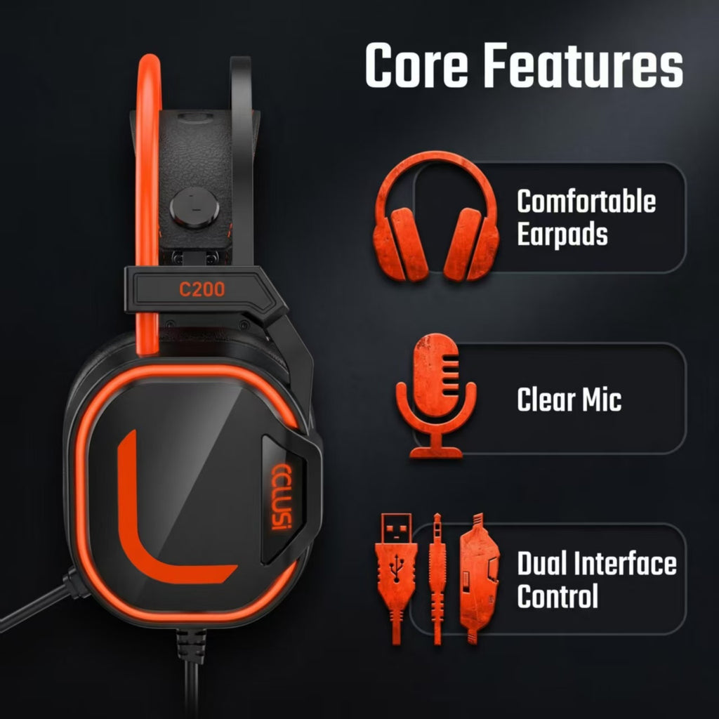 CLS200 Orange Wired Gaming Headset – 50mm Driver, Noise-Canceling Mic, Green LED Lighting