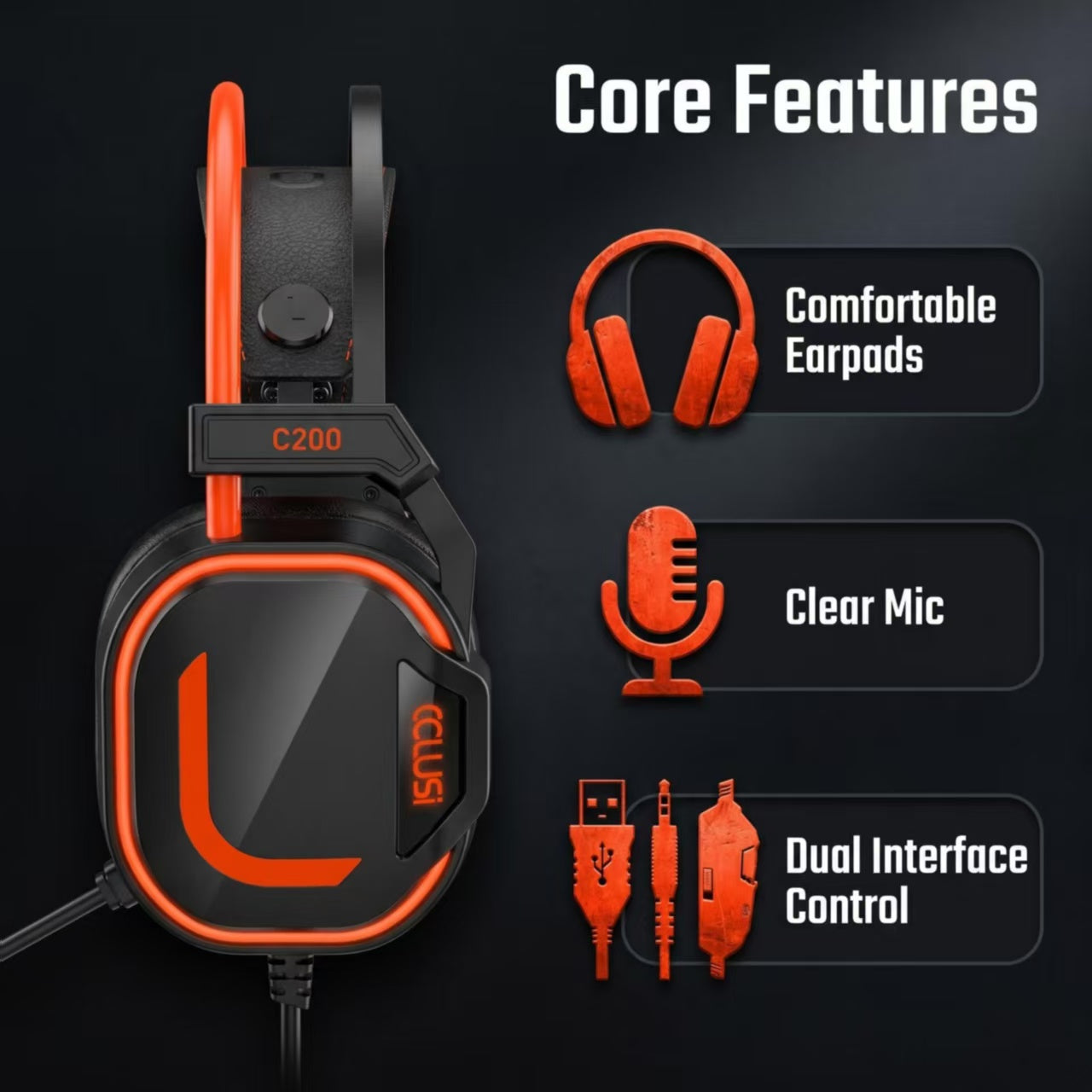 CLS200 Orange Wired Gaming Headset – 50mm Driver, Noise-Canceling Mic, Green LED Lighting