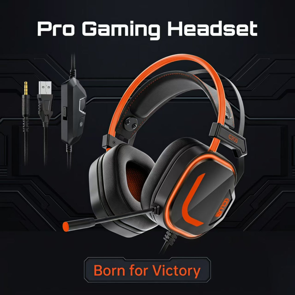 CLS200 Orange Wired Gaming Headset – 50mm Driver, Noise-Canceling Mic, Green LED Lighting