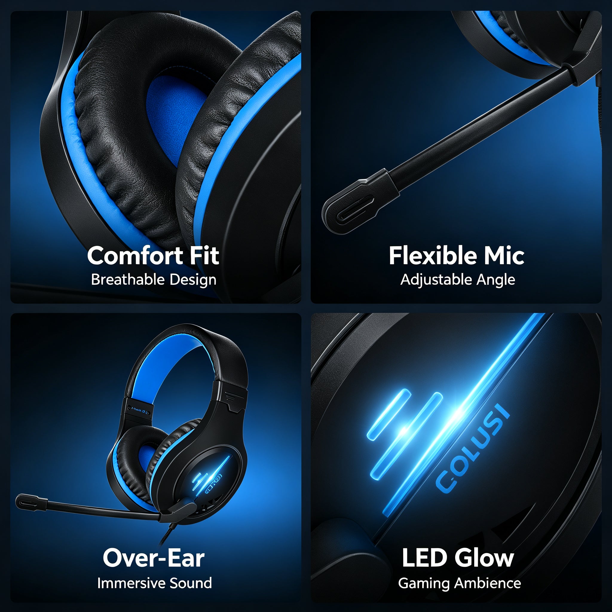 CLS100 Blue Wired Gaming Headset – 50mm Surround Sound, Noise-Canceling Mic, Blue LED