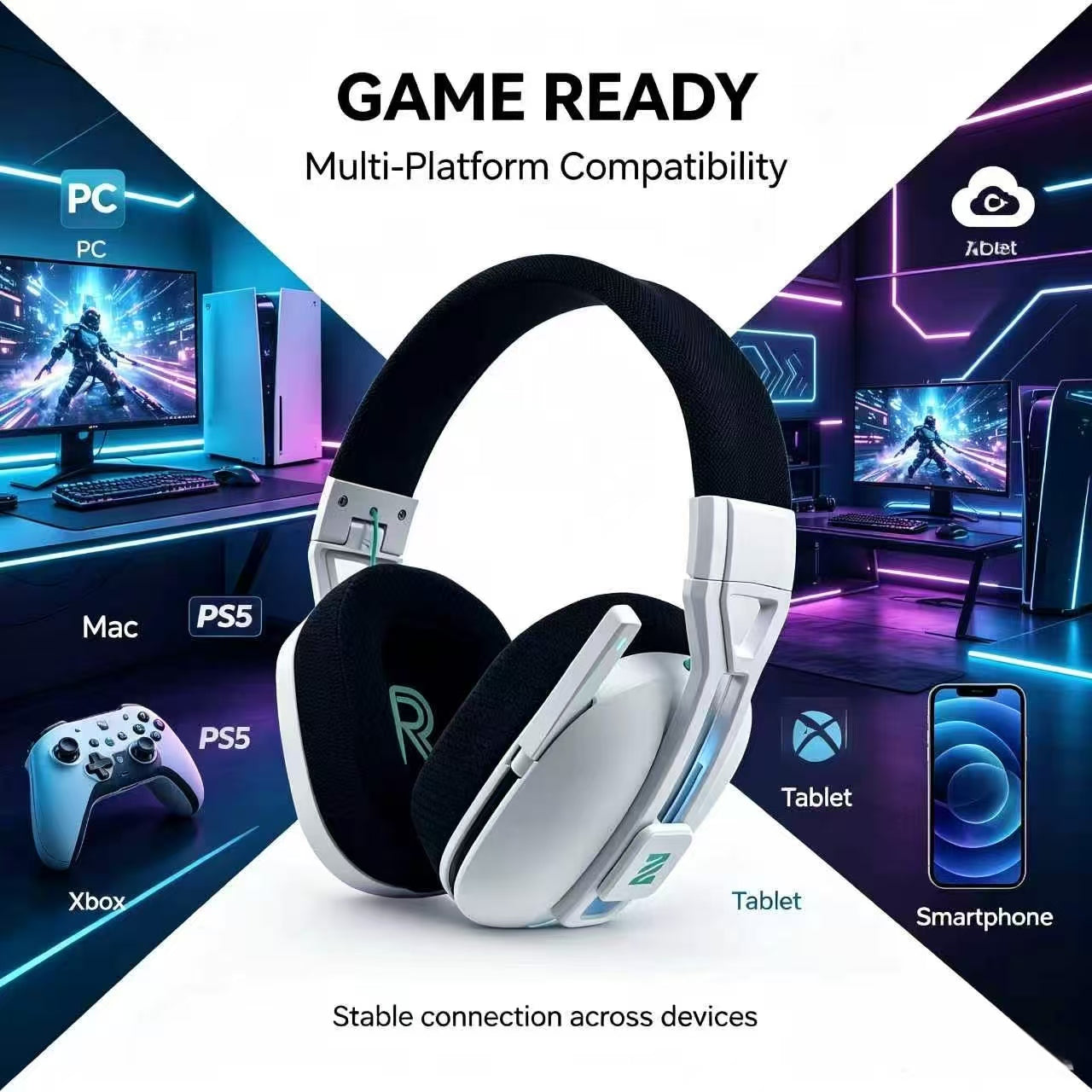M600 White Wireless Gaming Headset – 2.4GHz & Bluetooth 5.4, 3D Audio, 1200mAh Battery