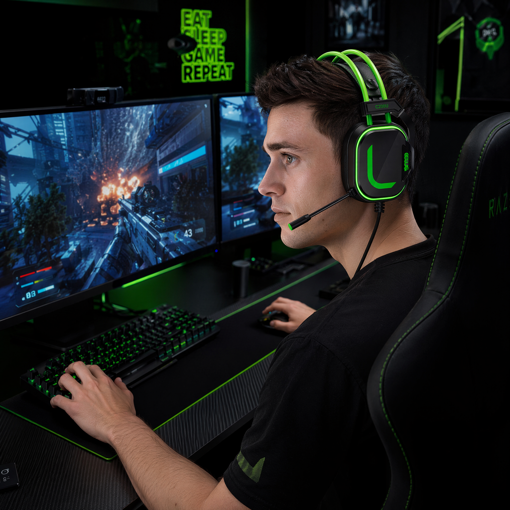 CLS200U Green Gaming Headset – USB, 7.1 Surround Sound, Noise-Canceling Mic, 50mm Driver