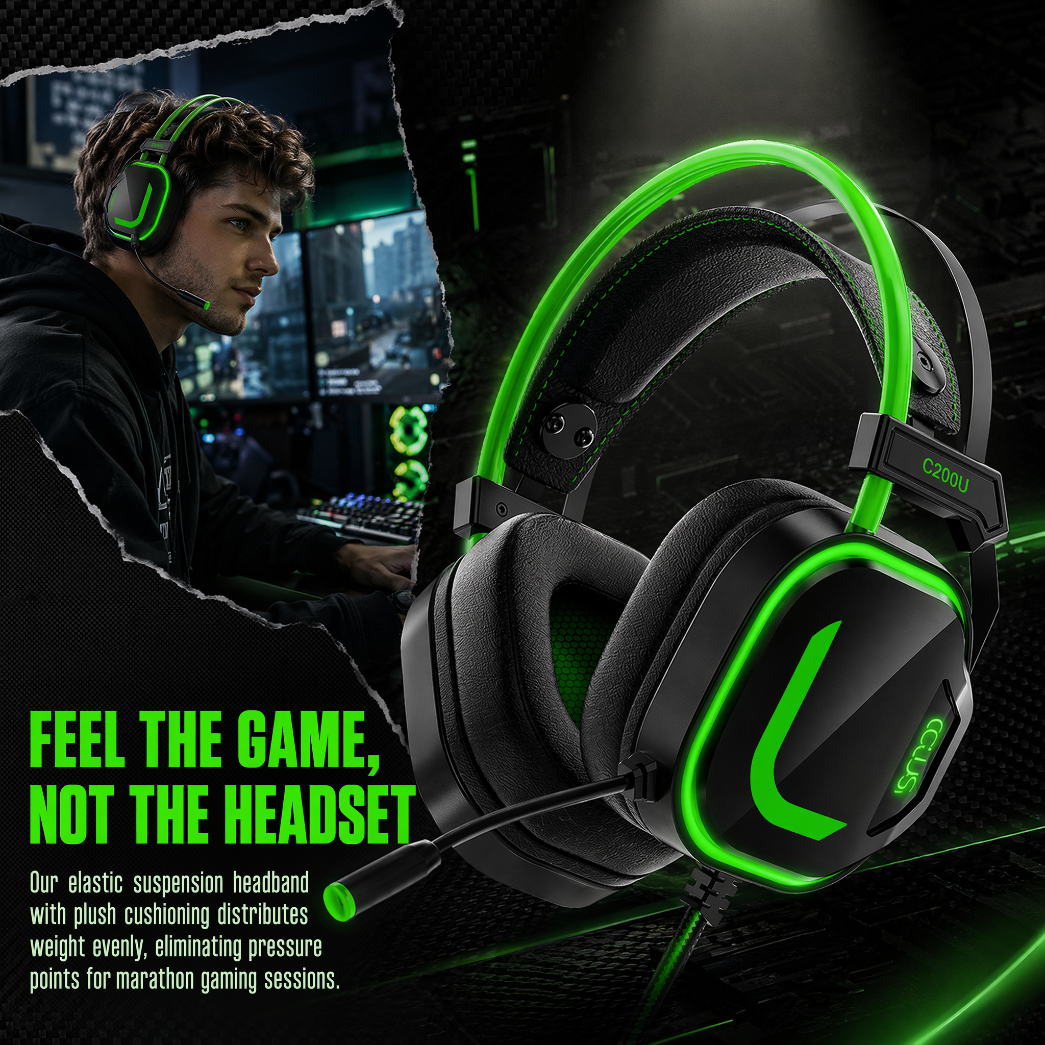 CLS200U Green Gaming Headset – USB, 7.1 Surround Sound, Noise-Canceling Mic, 50mm Driver
