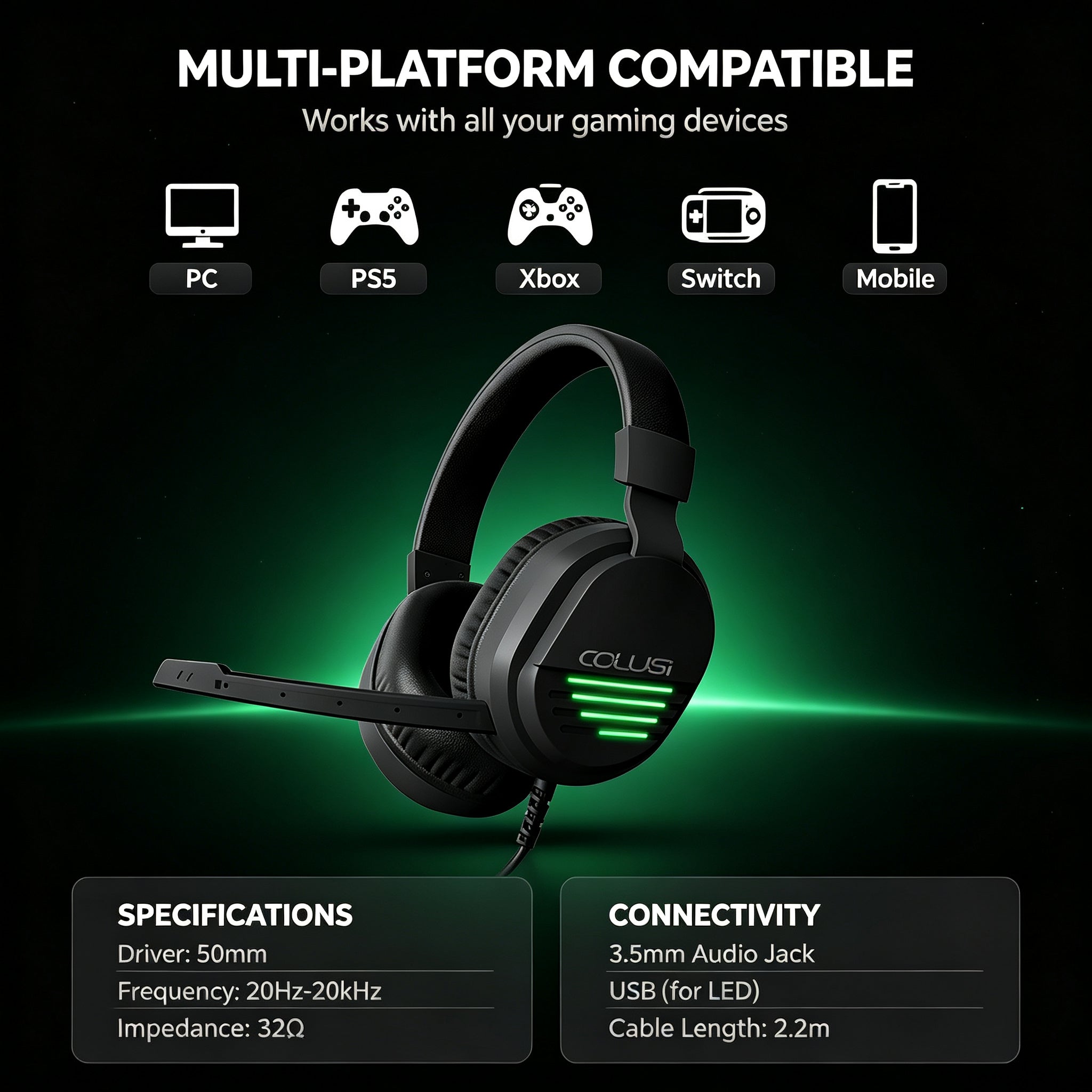 CLS500 Black Wired Gaming Headset – Noise-Canceling Mic, One-Key Mute, 3.5mm Universal