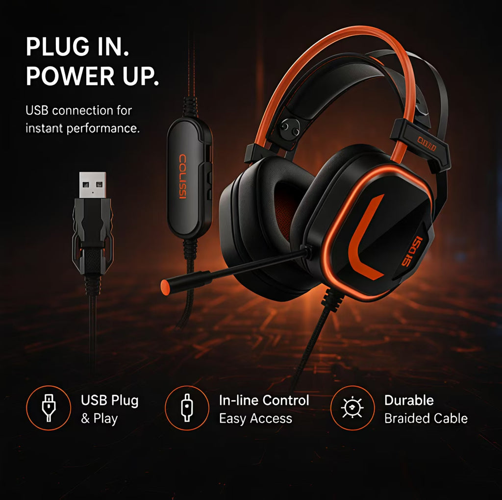 CLS200U Orange Gaming Headset – USB, 7.1 Surround Sound, Noise-Canceling Mic, Soft Ear Cups