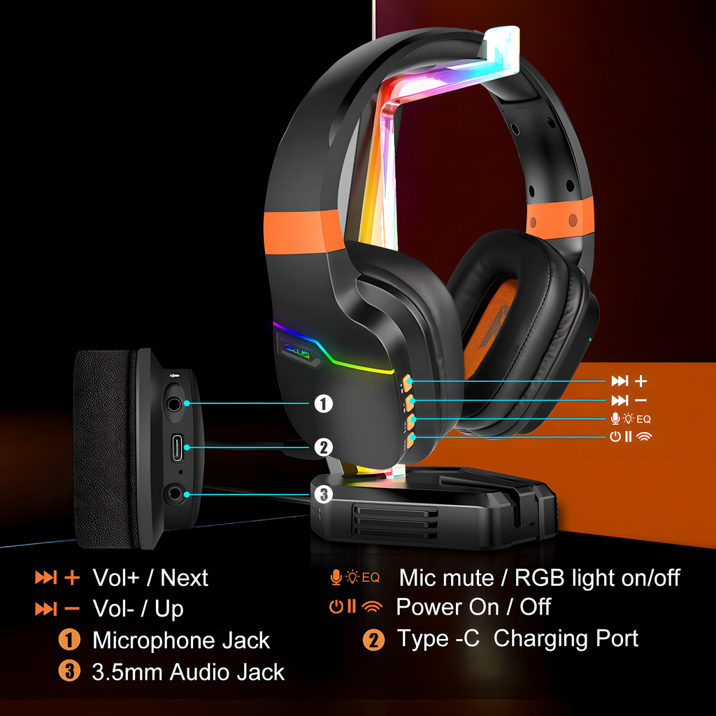 X07 Orange Wireless Gaming Headset – 2.4GHz & Bluetooth 5.4, 48H Battery, Foldable