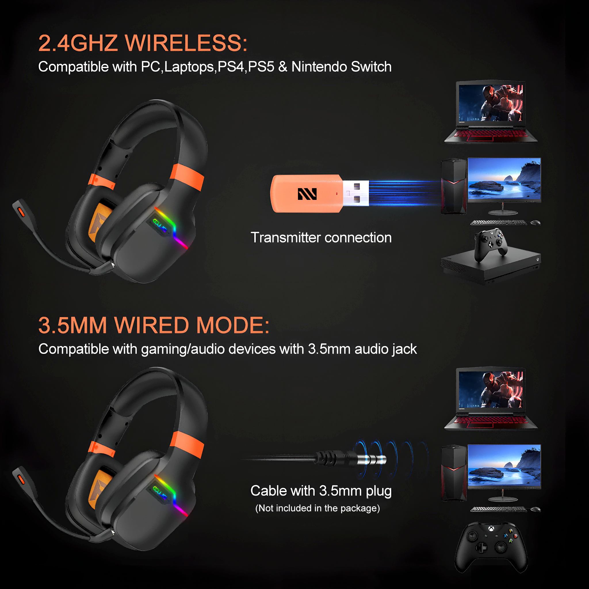 X07 Orange Wireless Gaming Headset – 2.4GHz & Bluetooth 5.4, 48H Battery, Foldable