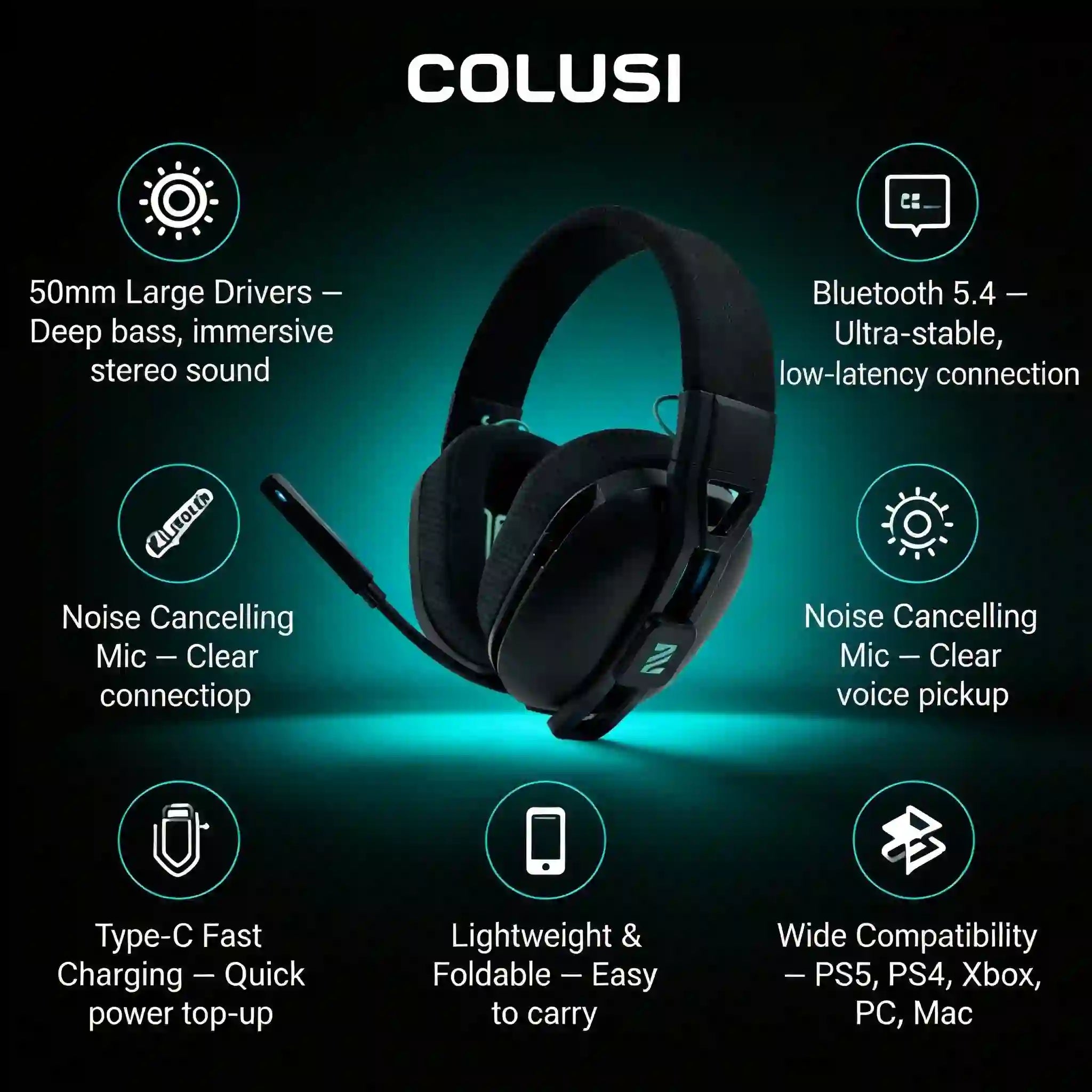 M600 Foldable Wireless Gaming Headset – Bluetooth 5.4, 50mm Drivers, Noise-Canceling Mic