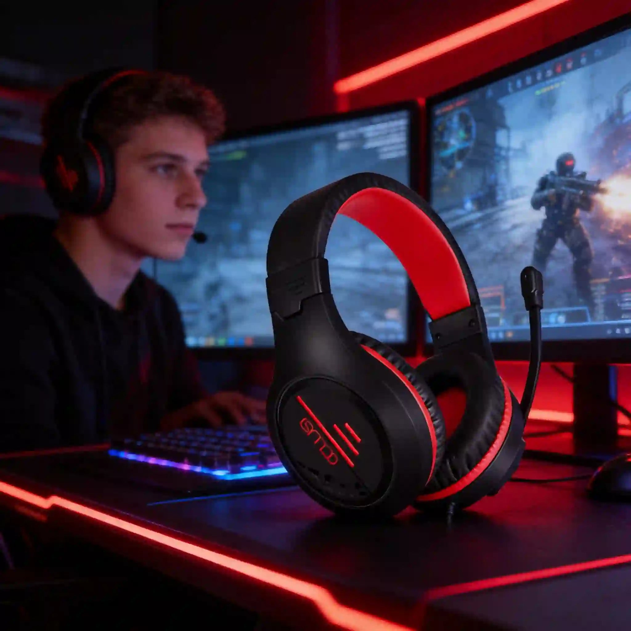 CLS100 Red Wired Gaming Headset – 50mm Surround Sound, Noise-Canceling Mic, Red LED